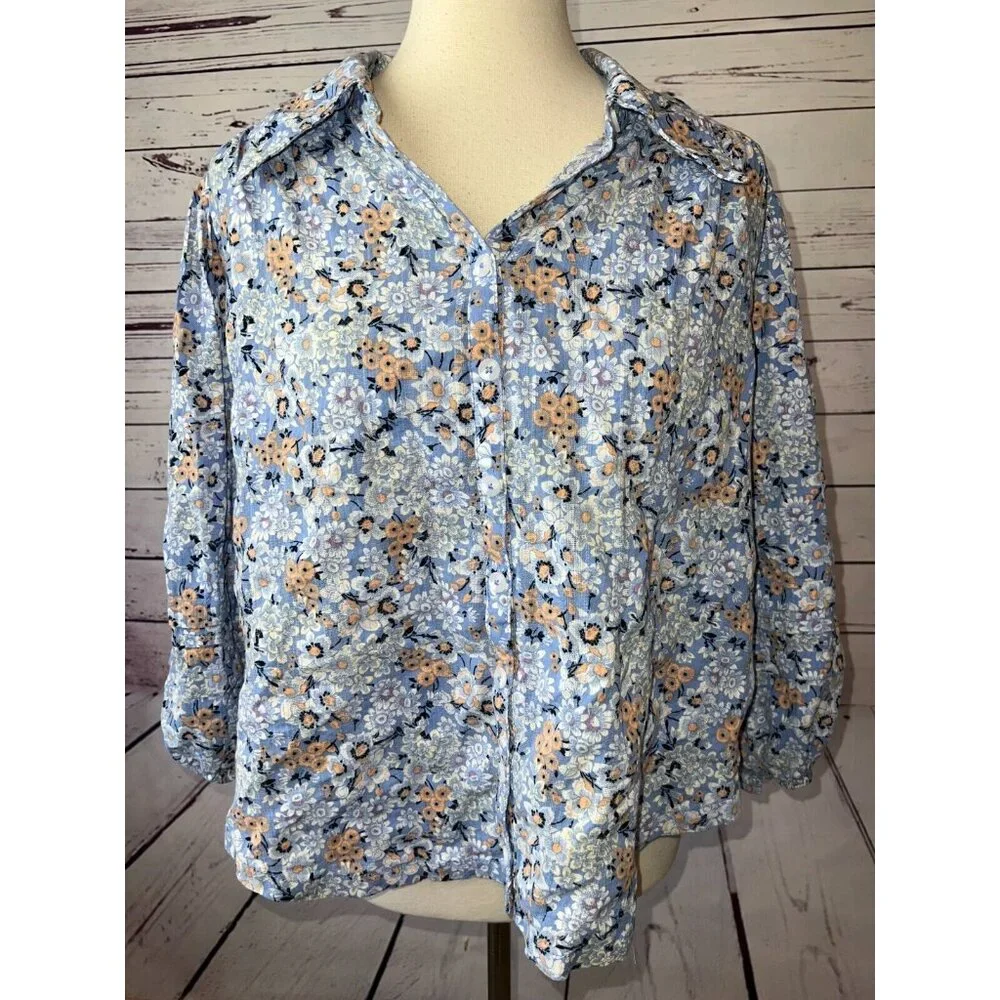 Free People Happy Days Blouse Medium Button front Shirt‎ Floral Cotton Easter